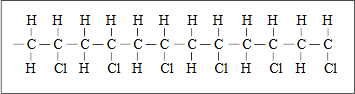 (Hình 1: Cấu trúc phân tử PVC, thể hiện sự liên kết giữa các nguyên tử carbon, hydro và clo trong một mắt xích).